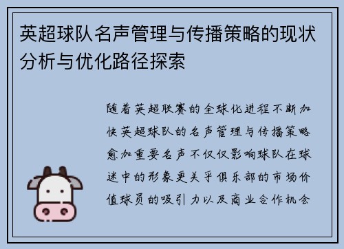 英超球队名声管理与传播策略的现状分析与优化路径探索